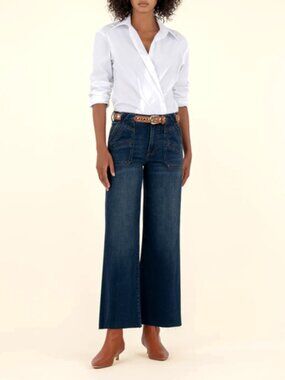 Kut From the Kloth Meg High Rise Wide Leg Jeans 4 Raw Hem Dk Wash Pocket Detail